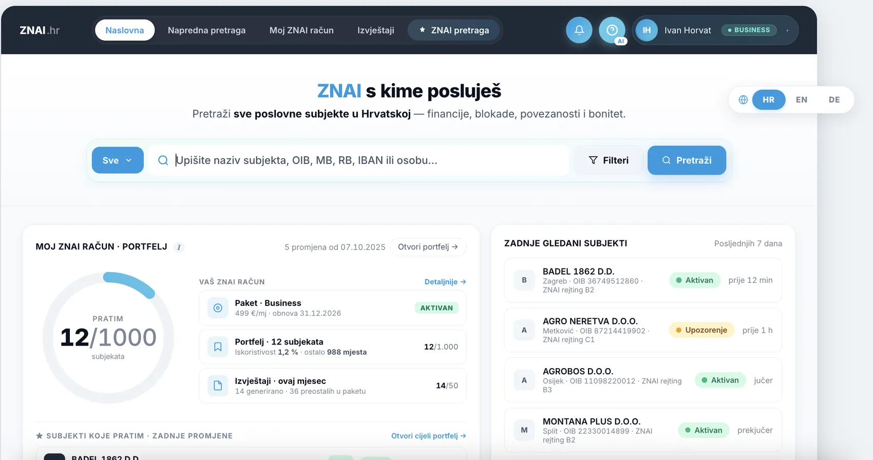 Sučelje ZNAI aplikacije: pretraga poslovnih subjekata, moj portfelj i popis zadnje gledanih subjekata sa statusom i ZNAI rejtingom